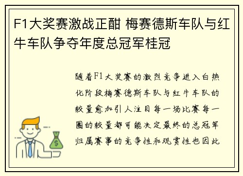 F1大奖赛激战正酣 梅赛德斯车队与红牛车队争夺年度总冠军桂冠