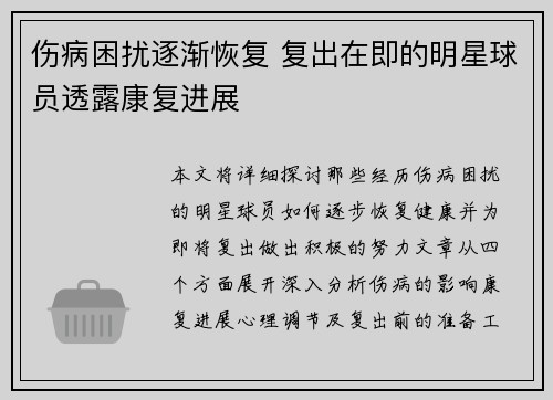 伤病困扰逐渐恢复 复出在即的明星球员透露康复进展